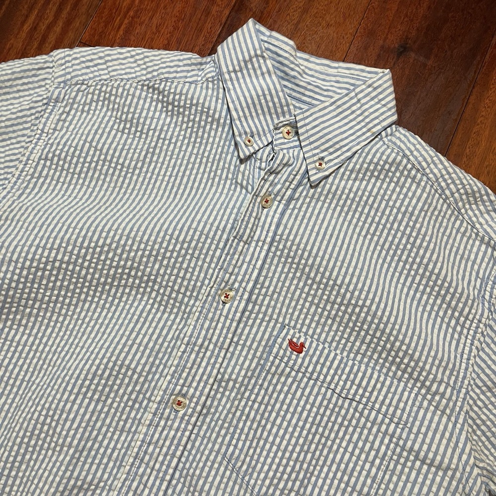 Southern Marsh Shirt Mens Medium Blue White Striped Seersucker Preppy Casual *